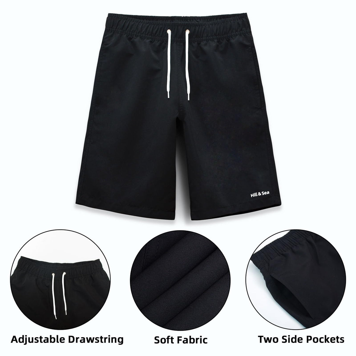 Hill & Sea Boys Swim Trunks Boys Swim Shorts Bathing Suit Swimwear Quick Dry Board Shorts Swimsuit with Pockets(Black-14-16)