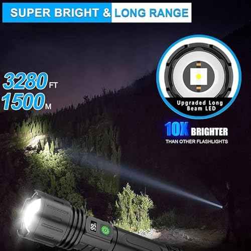 Rechargeable LED Flashlights High Lumens, High Lumens & 1500 Meters Super Bright Rechargeable Tactical Flashlight with 5 Modes,Waterproof,Powerful Handheld Flash Light for Camping