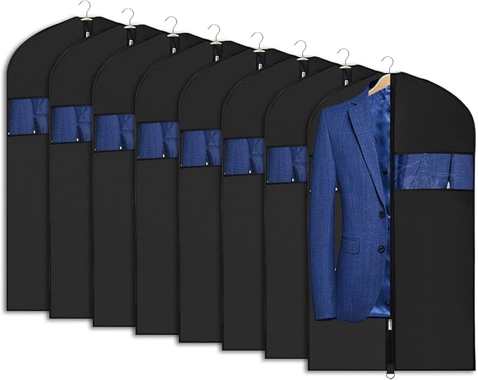 Univivi 8 Pack Suit Bags 43" Waterproof Black Garment Bag, Coat Covers from Dust with Zipper and Transparent Window, for Hanging Clothes, all coats, suits, women shirts, tuxedos, uniforms, winter
