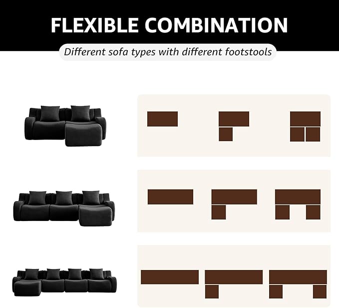 Black L-Shaped Cloud Couch with 1 Ottoman, Modern Teddy Fabric Boneless Sectional Sofa in a Box, Modular Floor Sofa for Living Room, Deep Seat, No Assembly Required, Sofas para Sala