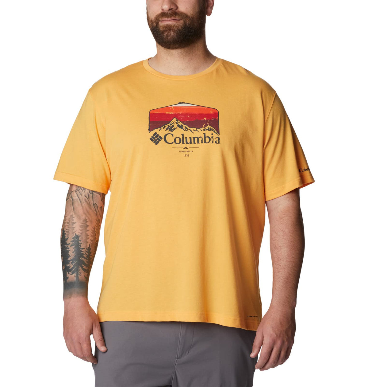 Columbia Men's Thistletown Hills Graphic Short Sleeve, Mango Heather/Hikers Graphic, Small