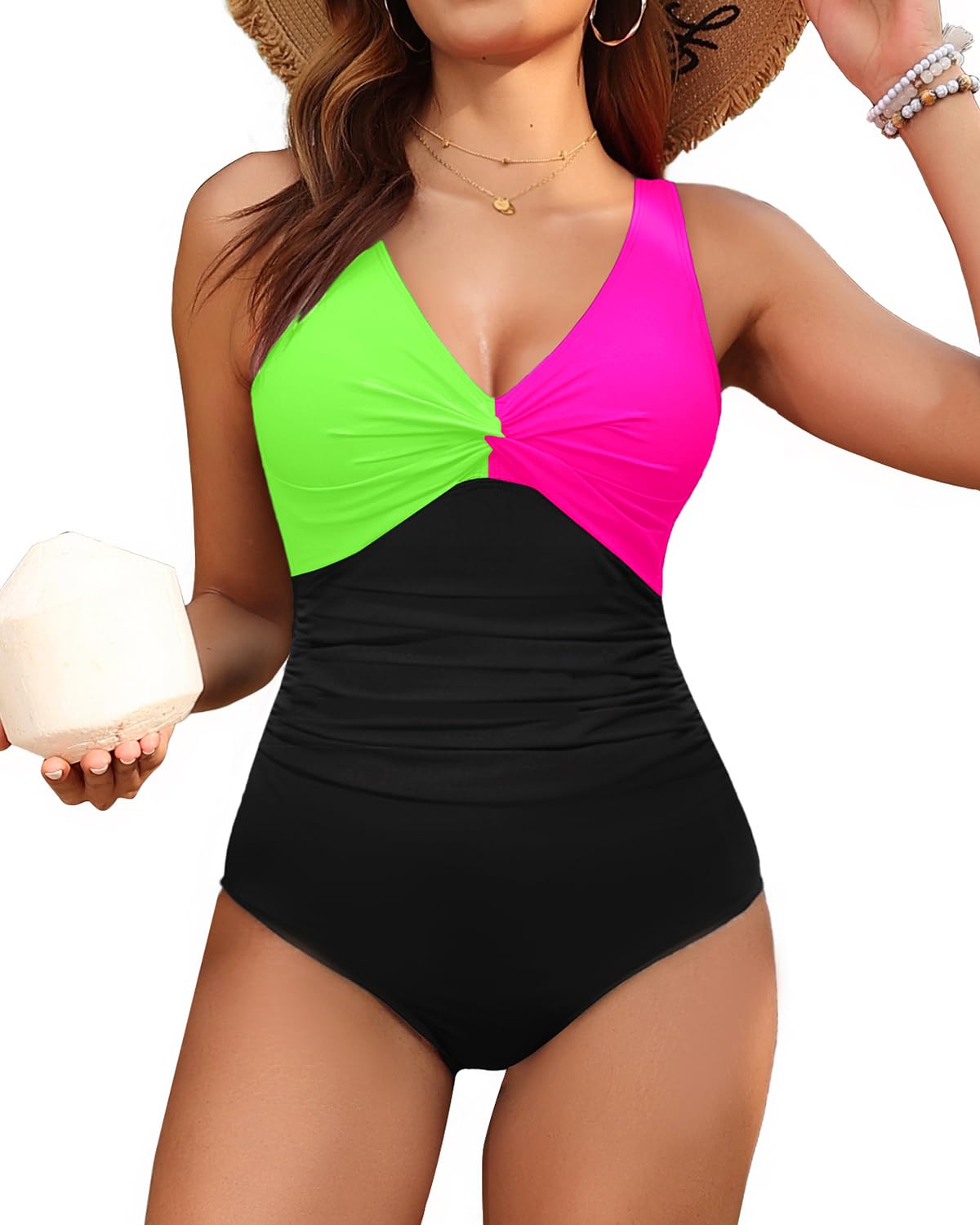 Holipick Green Pink Black Tummy Control One Piece Swimsuit Full Coverage Bathing Suit L