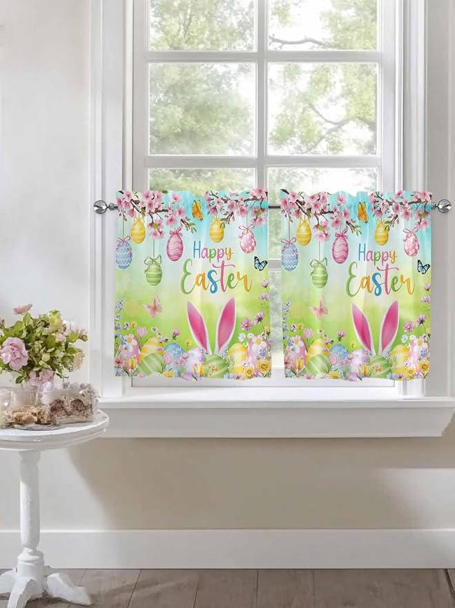 Easter Half Window Curtains 24 Inches Long, Spring Bunny Colorful Rabbit Eggs