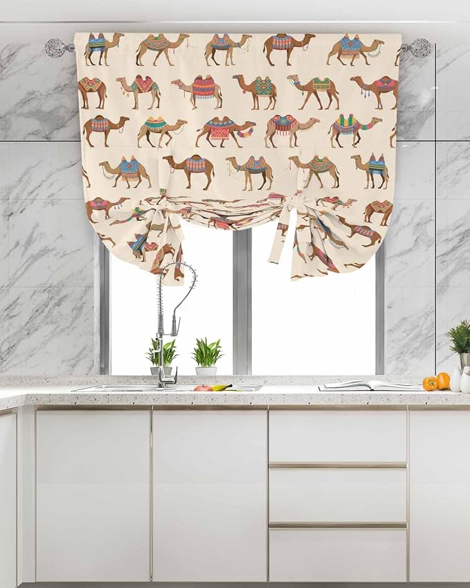 Tie Up Curtains for Windows, Summer Camels Adjustable Balloon Nature Linen