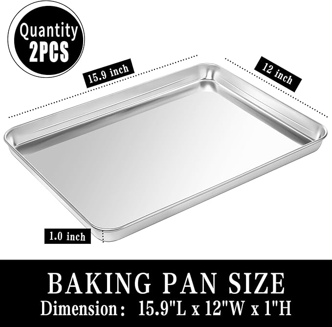 Jelly Roll Pan Set of 2, 15.9” x 12” Stainless Steel Cookie Sheets for Baking, Non Stick Baking Sheets for Oven Heavy Duty Baking Trays