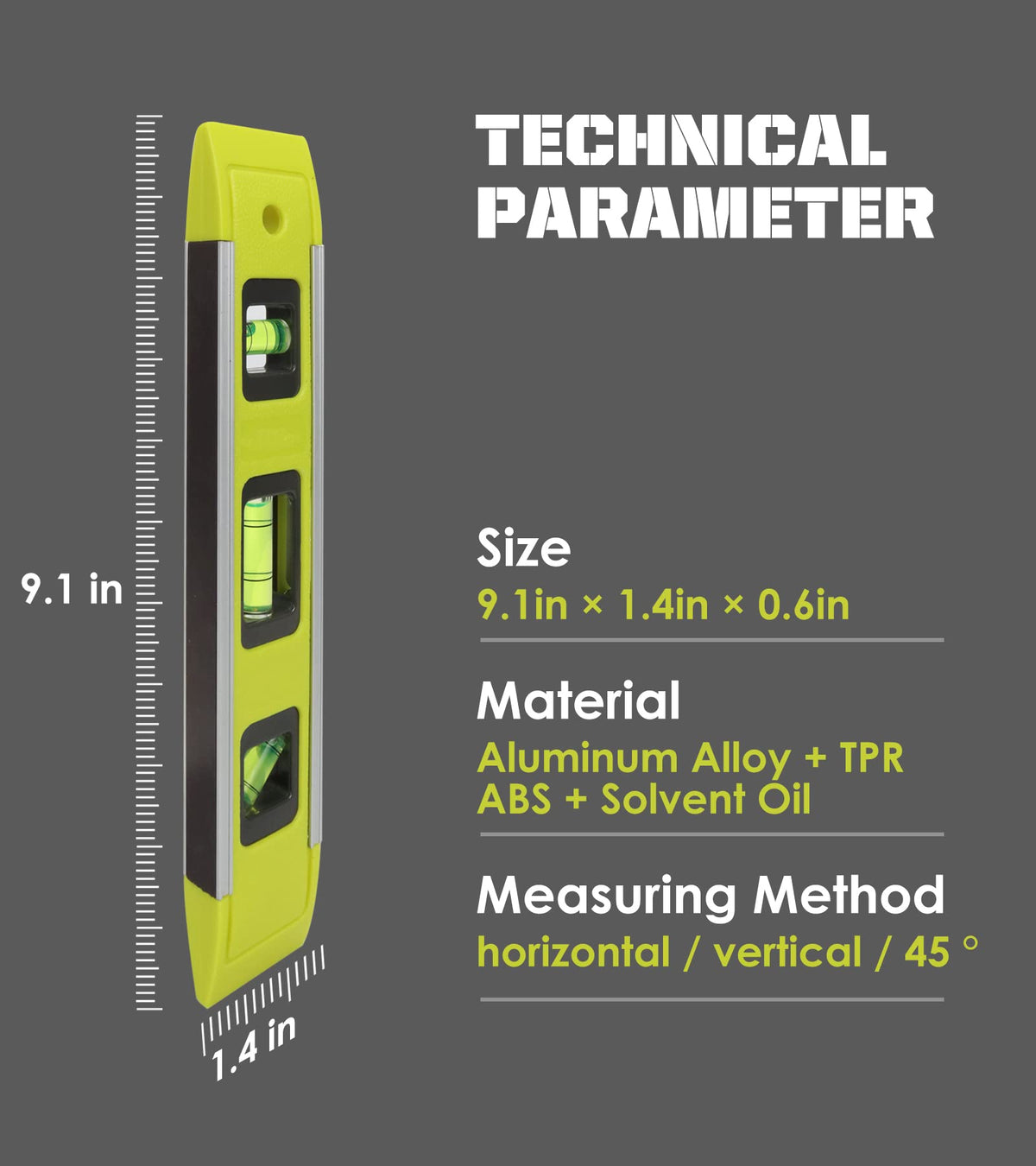 DIFFLIFE Level & Tool Magnetic Aluminum Reinforced Torpedo Level, 9", Green (1PCS)