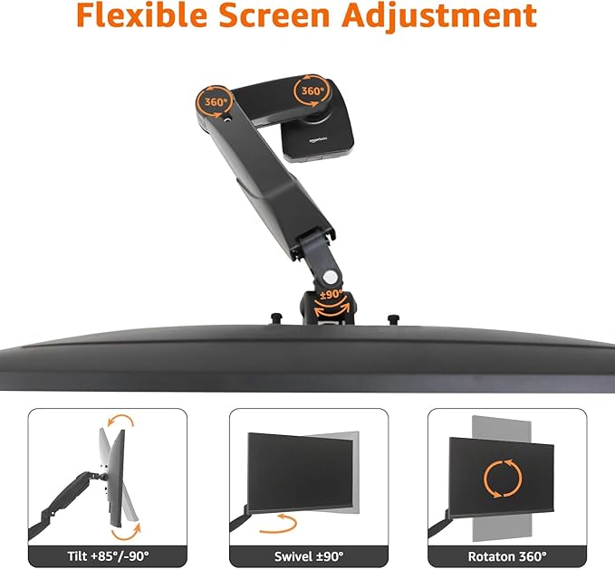 Amazon Basics Gas Spring Single Computer Monitor Arm Desk Mount, Adjustable, Holds up to 27" Monitors, Black