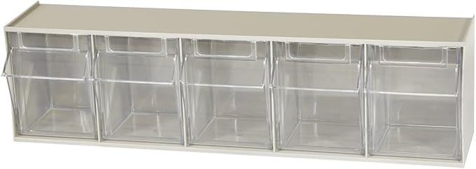 Akro-Mils TiltView Plastic Storage Cabinet with 5 Tilt Out Bins, Horizontal Plastic Parts Organizer, Teacher Toolbox, and Office Supply Organizer, 23-5/8" W x 6-1/2" H x 5-5/8" D, Stone