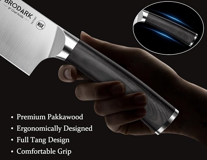 BRODARK 15PCS Kitchen Knife Set with Block and Dual Sharpener,Wooden Handle