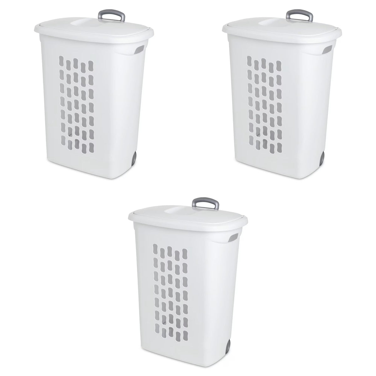 Sterilite 3-Pack Ultra Wheeled Hamper, Laundry Basket w/ Flip-Top Lid & Retractable Handle - Plastic Rolling Clothes Storage Cart with Ventilated Holes for Home, Apartment or Dorm