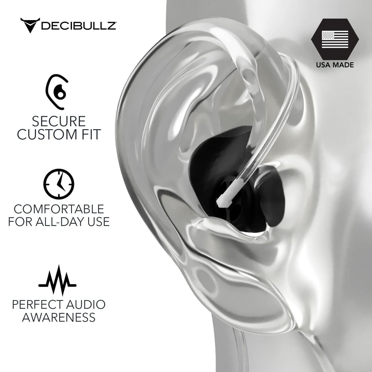 Decibullz Custom Moulded Security Two-Way Radio Surveillance Earpiece Set, Thermo-Fit Designed for Clear Acoustic Tube Radios | Model: +Awareness