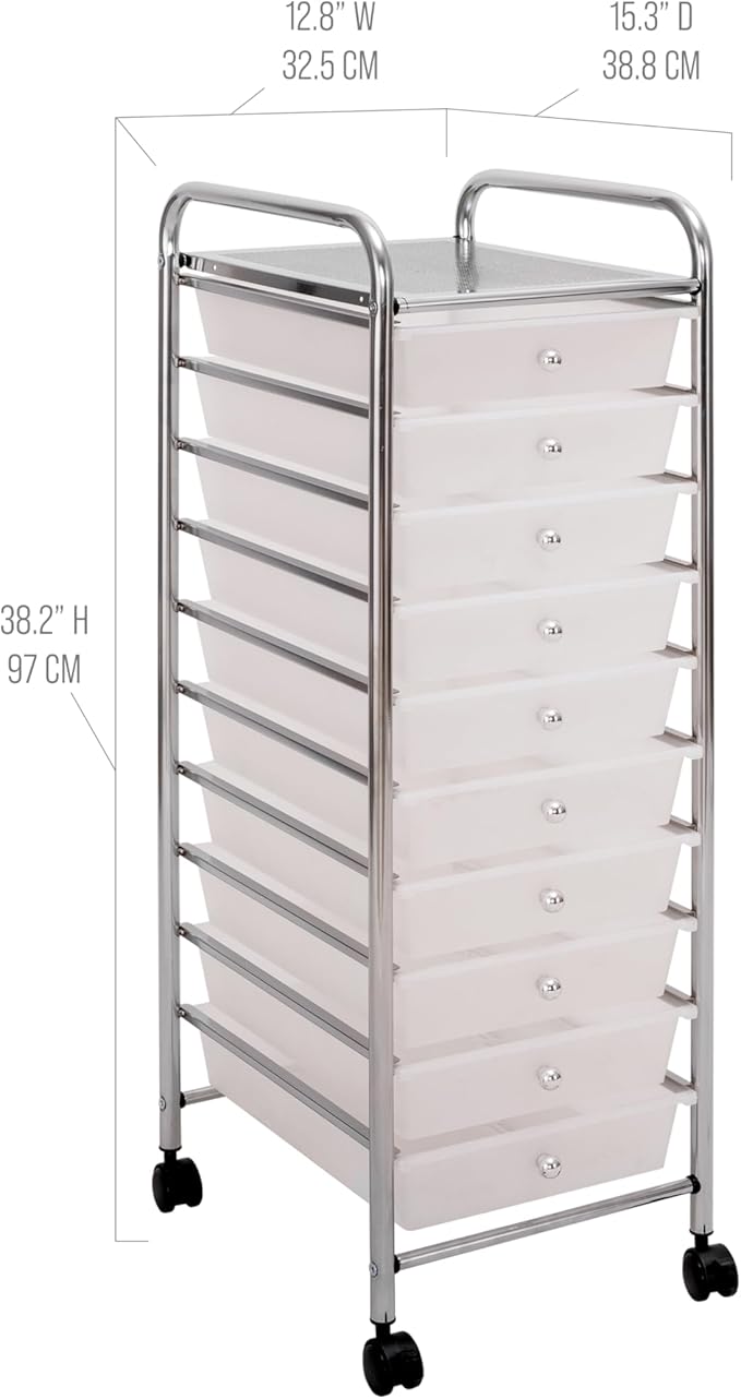 Seville Classics Rolling Utility Organizer Storage Cart, for Home Office, School, Classroom, Scrapbook, Hobby, Craft, 10 Drawer, Frost White