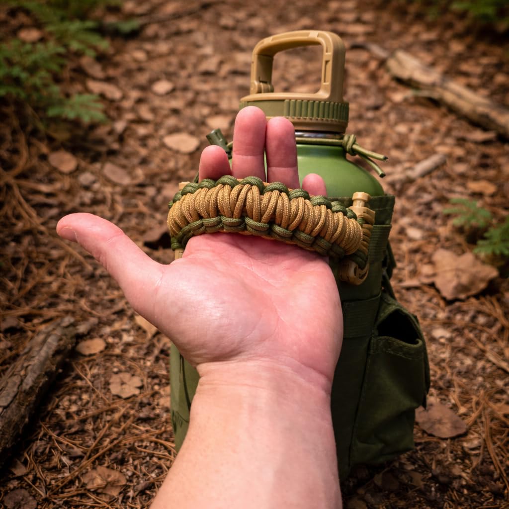 Iron Infidel Battle Pack - Accessories Kit for Battle Bottle - Water Bottle Cap Replacements for 64 Oz or 32 Oz | Wide Mouth Lid, Shoulder Strap, Paracord Handle, Morale Patch & Decal (Green/Tan)