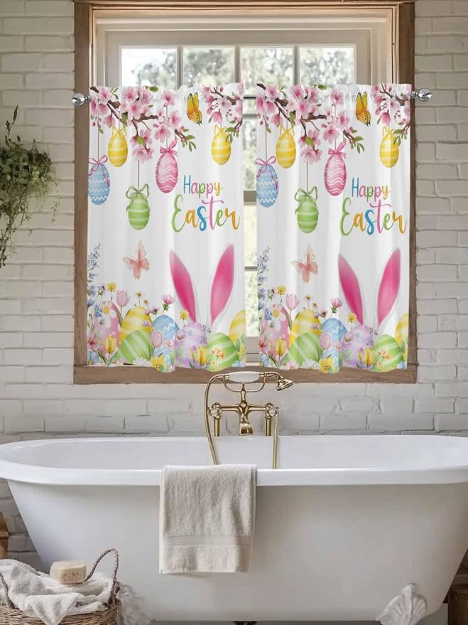 Happy Easter Kitchen Curtains 45 Inches length, Spring Watercolor Bunny Eggs