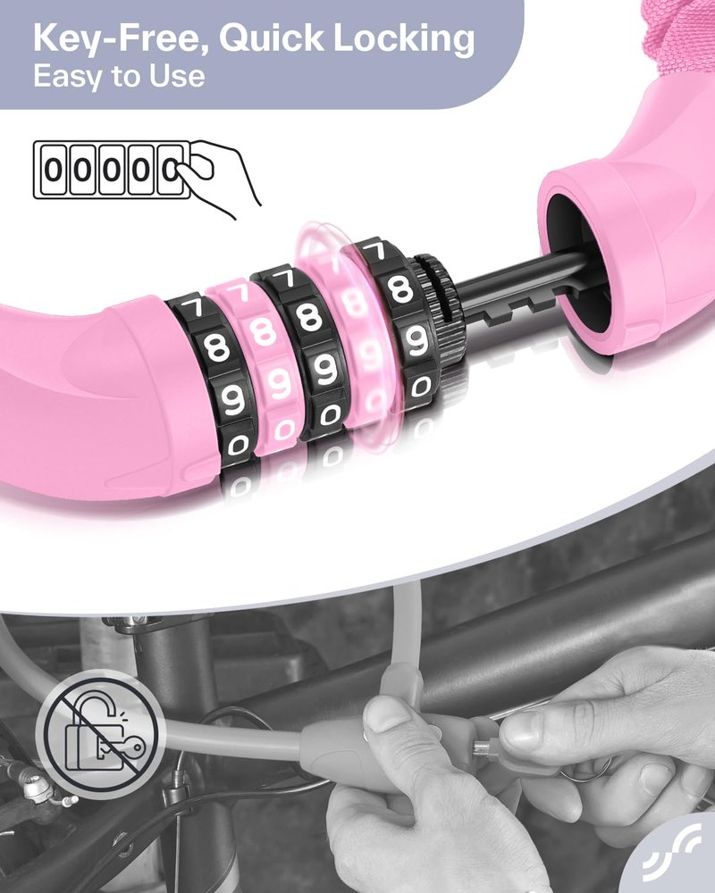 Sportneer Bike Lock: 5 Digit Combination High Security Anti Theft Bike Chain Lock - 3.2/3.6/4ft Heavy Duty Resettable Keyless Bicycle Lock for Bike, Motorcycle, Scooter, Door - 6mm Thick Pink