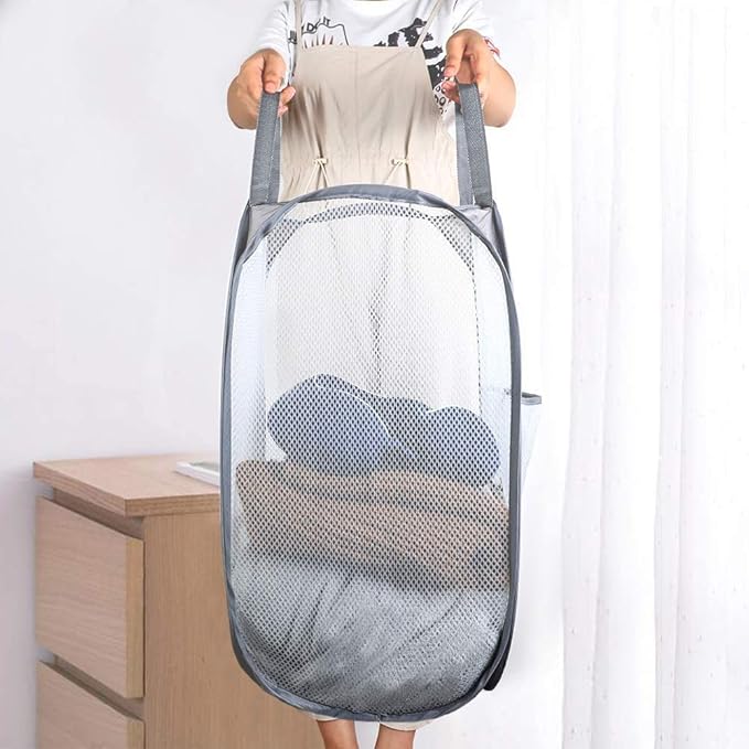 Larpur Pack of 3 Pop up Laundry Hampers, Collapsible Laundry Baskets, Portable Mesh Clothes Hampers for Home Room, College Dorm, Apartment, Foldable Hamper with Carry Handles, Gray