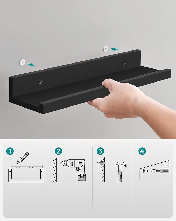 SONGMICS Floating Shelves, Set of 3 Wall Shelves, 15-Inch Wide, for Photo Frames and Trinkets, for Living Room, Home Office, Kitchen, Bathroom, Black ULWS38BK