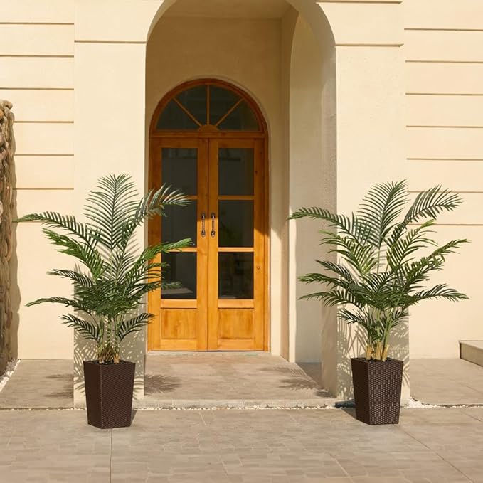 5FT Artificial Palm Tree - Tall Fake Tree with Brown Taper Planter & Pebbles, UV Resistant for Indoor & Outdoor Decor - Large Potted Faux Plant for Living Room, Office, Home Decor,VN130
