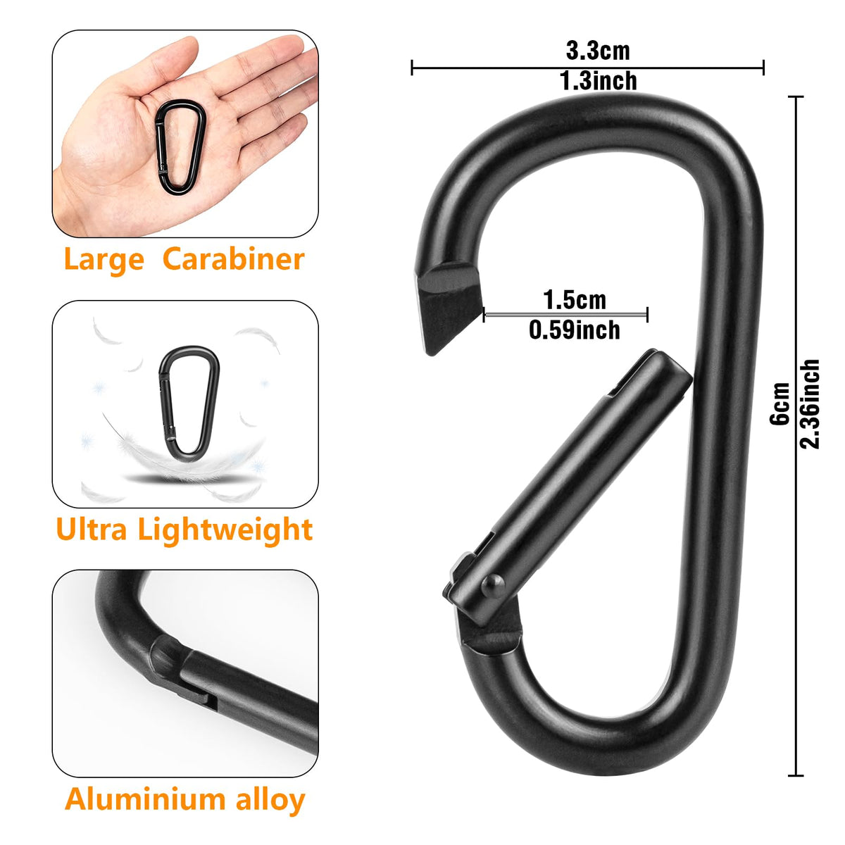 Pullther fishing 2.3in Aluminum Carabiner Clips - Set of 10,Carabiner for Keys
