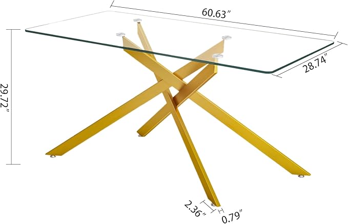 60" Rectangular Glass Dining Room Table for 6 with Tempered Glass Top and Gold Metal Legs, Modern Clear Kitchen and Dinner Table for Home Office Dining Room