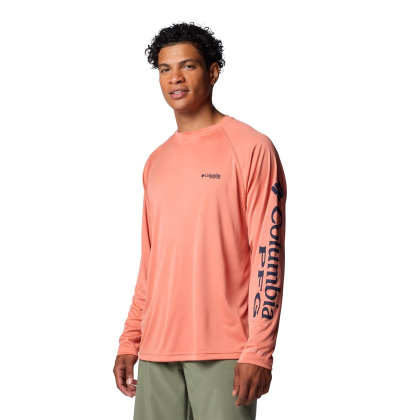 Columbia Men's Terminal Tackle Long Sleeve Shirt, Faded Peach/Collegiate Navy Logo, X-Large