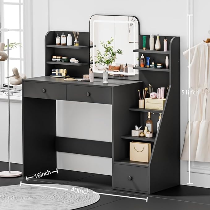 Black Makeup Vanity Desk with Square LED Mirror & 6 Open Shelves - 3-Color Adjustable Lighting, 3 Drawers + Right-Side Sloped Design, Dressing Table for Bedroom, Women, Teens