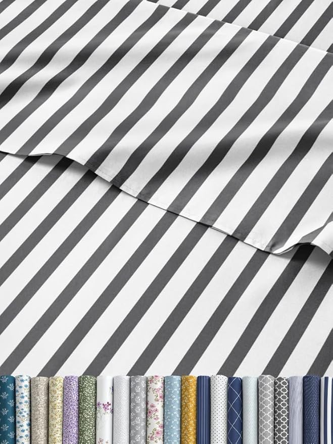 Striped Sheets - Grey Striped Sheets - 1 Flat & 1 Fitted & 1 Pillowcase w/ Deep Pockets – Wrinkle & Fade Resistant - Ultra-Soft, Breathable and Cooling – Luxury Pinstripe Bedding - Twin Size Bed Set