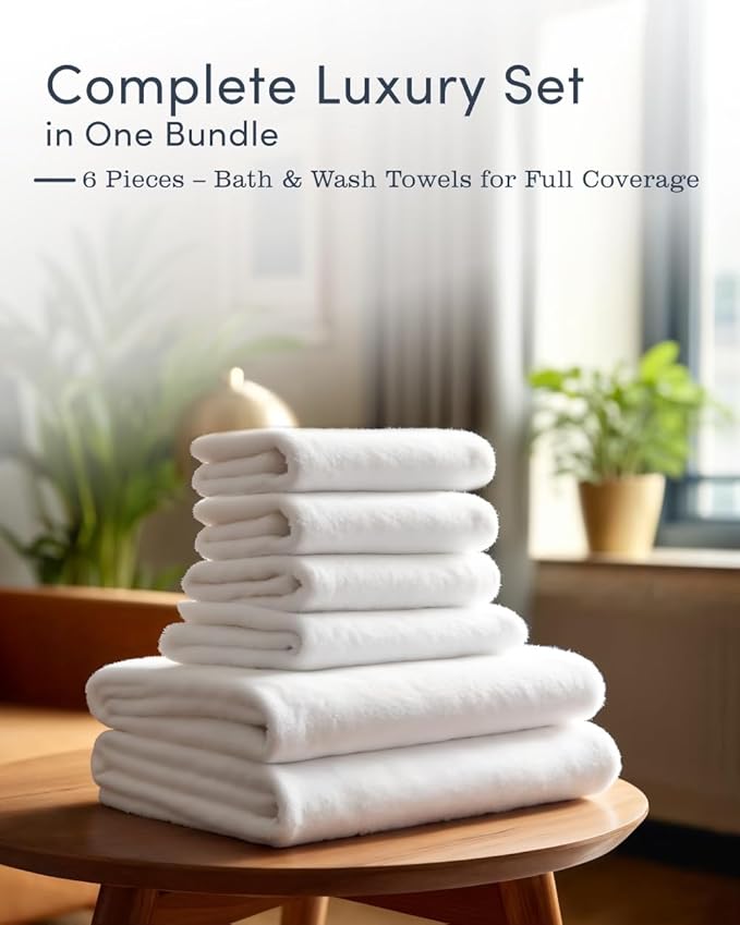 Luxury Hotel-Quality White Towel Set – 6 Pc Oversized Bath Towels & Washcloths, 563 GSM 100% Ring-Spun Cotton, Ultra-Soft Spa Textured, Fast-Drying & Durable – Ideal for Home, Airbnb, Dorm