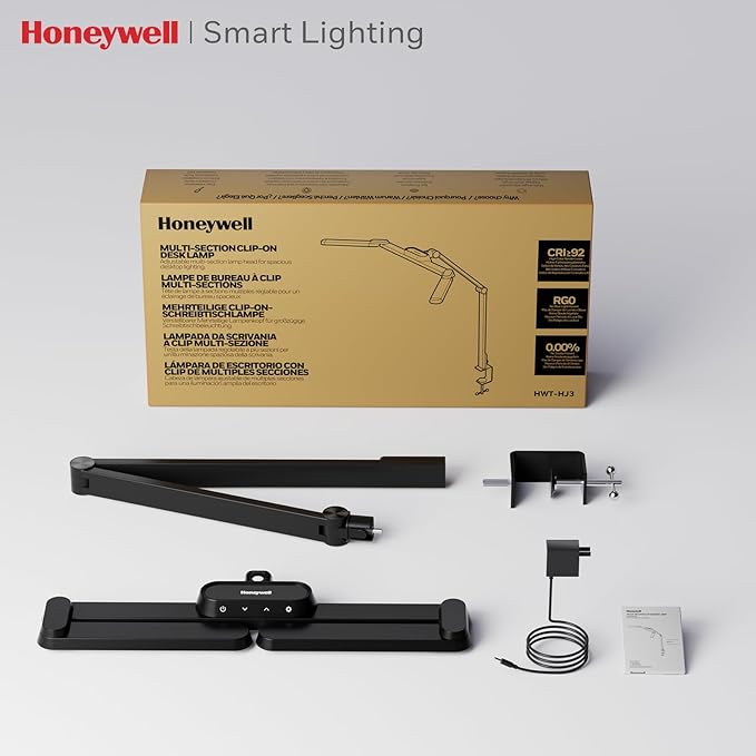 Honeywell LED Desk Lamp with Clamp - HJ3B Sunturalux Eye-Caring Desk Light for Home Office, 22W Ultra Bright 3-Section Adjustable Task Lamp with Stepless Dimming for Dual Monitor Lighting