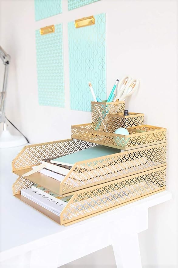 BLU MONACO Gold Desk Organizer Set for Women – 6-Piece Interlocking Office Supplies Set, Pen Cup, 3 Accessory Trays & 2 Letter Trays, Gold Paper Tray Holder