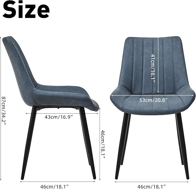 Dining Chairs Set of 2, Faux Leather Modern Linear Design Dining Chair with Metal Legs, 16.9" Seat Width Chair for Kitchen, Lounge, Reception Room, Restaurant, Commercial (Haze Blue)