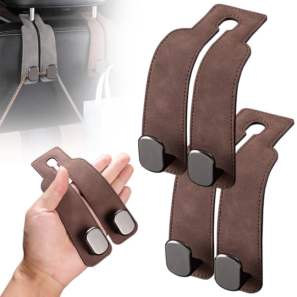 Headrest Hooks for Car, 2026 New Car Seat Back Storage Hook for Headrest, Double Hook Car Hooks for Purses and Bags Cute Leather Headrest Hanger Seat Back Organizer (Brown)