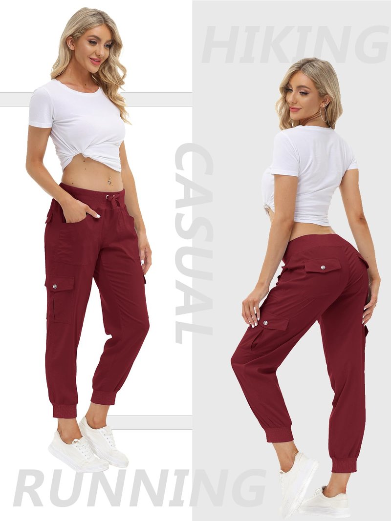 MoFiz Hiking Cargo Pants for Women with Pockets Lightweight Quick Dry Athletic Outdoor Summer Travel Casual Joggers Sweatpants Wine Red XS