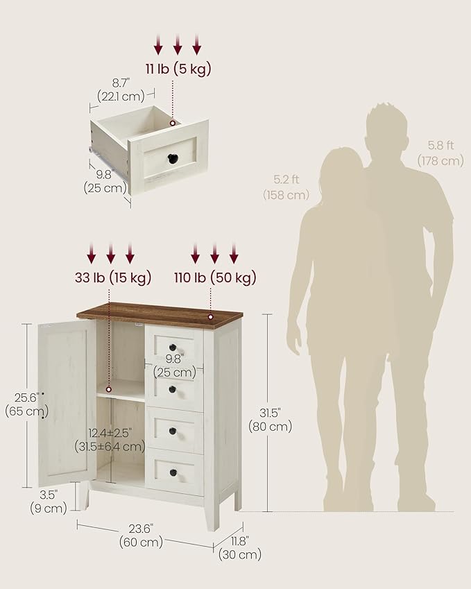 VASAGLE LIRY Collection - Storage Cabinet, Farmhouse Bathroom Floor Cabinet with 4 Drawers, Freestanding Storage Organizer, Barn Door, Adjustable Shelf, Rustic White, UBBK753W01