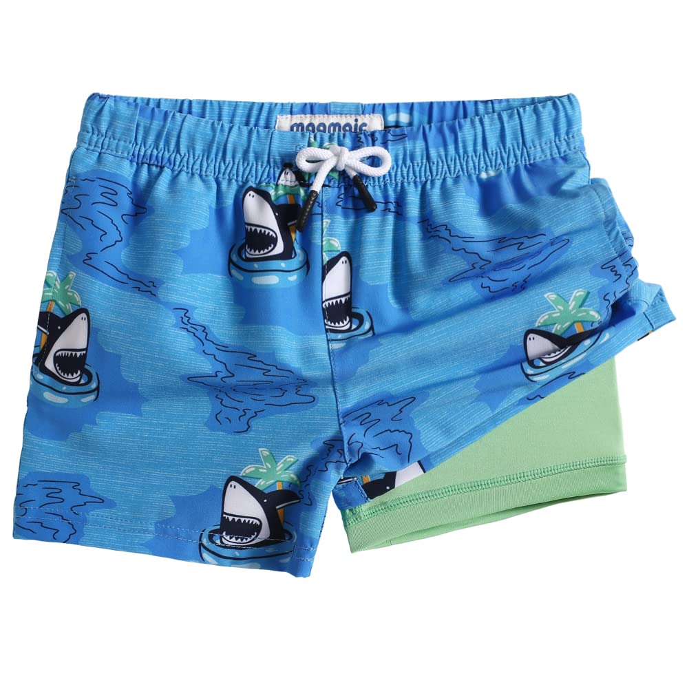 maamgic Boys Swim Trunks with Compression Liner Toddler Boy Swimsuit Quick Dry 4-Way Stretch Swimming Trunks Swim Ring Shark Blue 4T