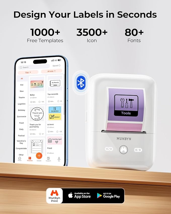 MUNBYN Portable Label Maker Machine with Tape，Bluetooth Thermal Printer with 1-Second Connect,Compatible with 0.78-2 Inch Labels, 11H Battery for Small Business, Home, Office Organization (White)