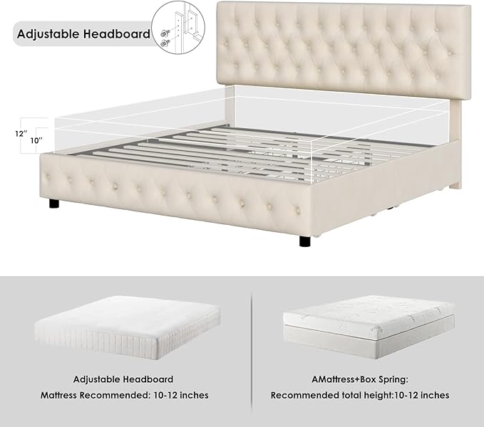 Keyluv Modern Upholstered Bed Frame with 4 Storage Drawers, Button Tufted Headboard Design, Solid Wooden Slat Support, Easy Assembly, Velvet, Beige, Full Size