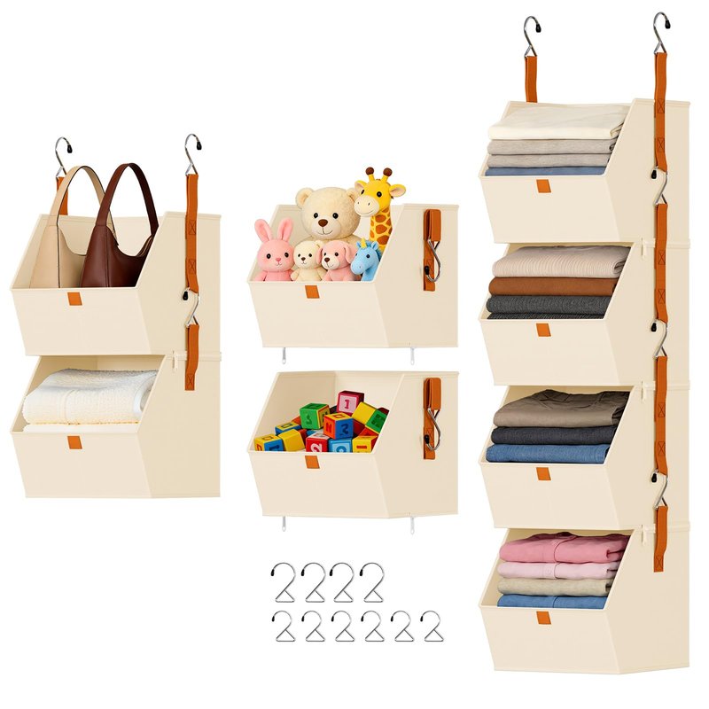DIMJ Hanging Closet Organizer - 4 Tier Collapsible Hanging Shelves with Hooks Zipper, Fabric Clothes Organizer, Space-Saving Storage Bin Basket for RV, Bedroom, Laundry Organization