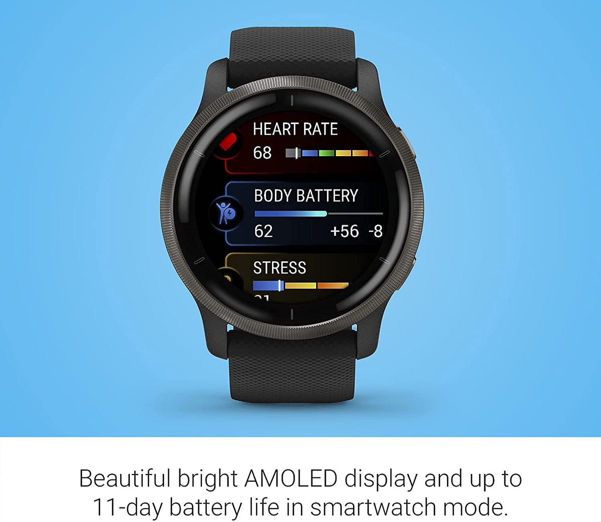 Garmin Venu 2, GPS Smartwatch with Advanced Health Monitoring and Fitness Features, Slate Bezel with Black Case and Silicone Band