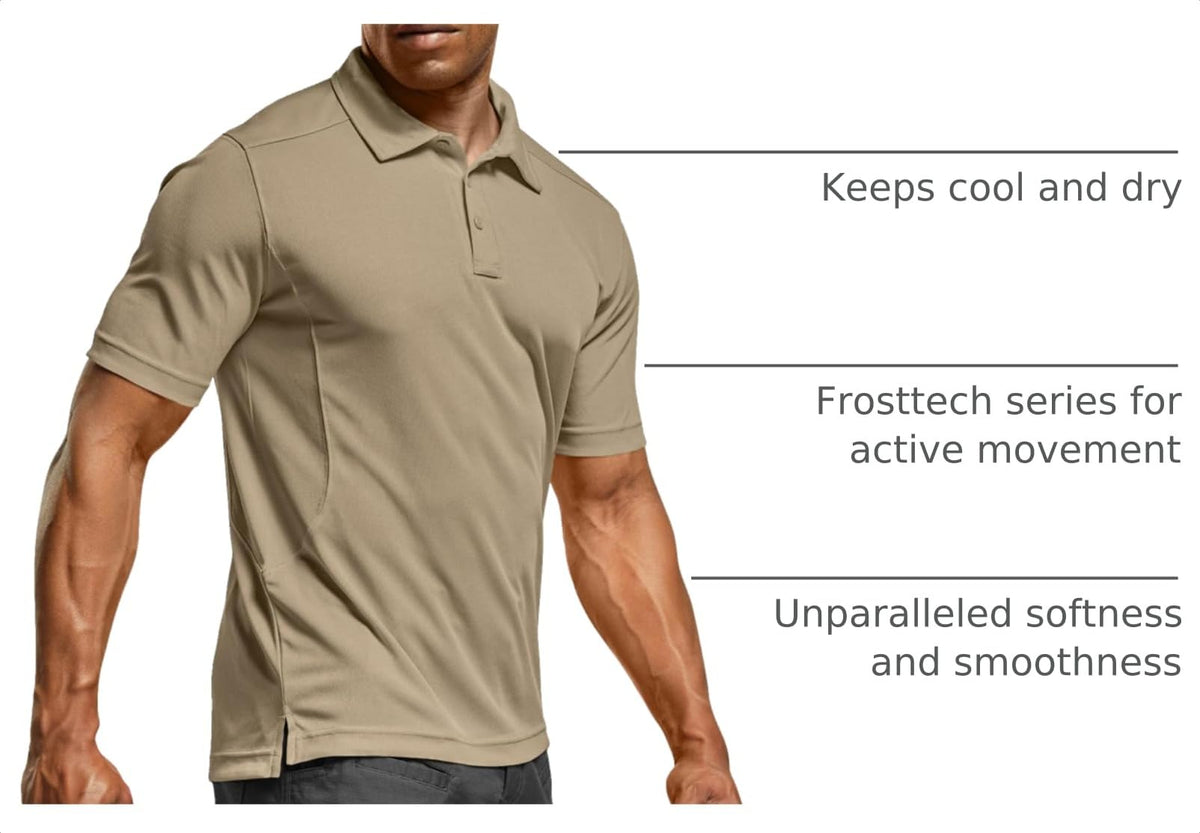 CQR Men's Quick Dry Tactical Polo Shirt, Lightweight Breathable Performance Polo, Short Sleeve UPF 50+ Outdoor Golf Shirt, Frost Essential Khaki, Small