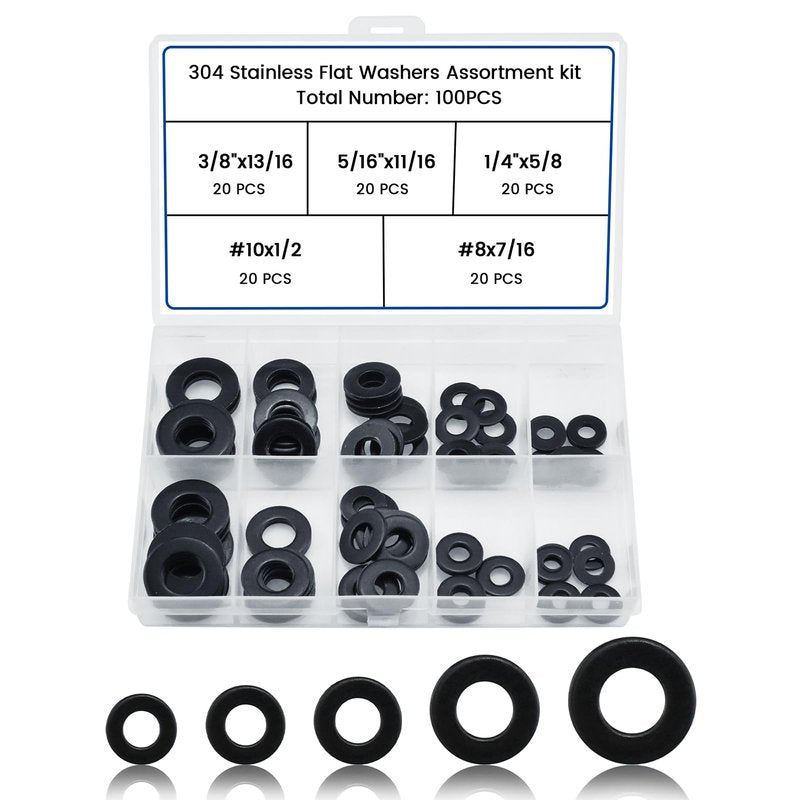 ZIUZI 100 Pcs 5 Sizes Washers Assortment Kit, Black 304 Stainless Flat Washers for Screws and Bolts, Metal Washers Kit for Home and Industrial Use (#8#10 1/4 5/16 3/8)
