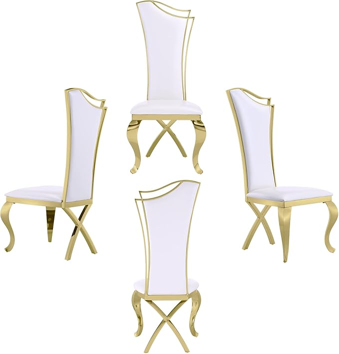 White and Gold Dining Chairs Set of 4, White PU Leather Dining Room Chair with Gold Polished Metal Legs, Glam Upholstered Kitchen Chairs for Dining Room, Kitchen, Living Room