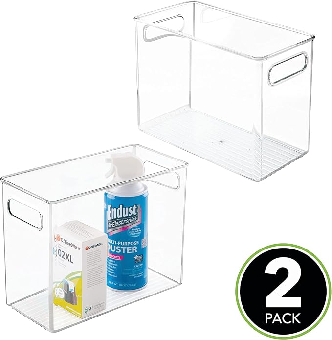 mDesign Tall Plastic Office Storage Bin with Handles - Organizer Bins for Cabinets, Drawers, Desks, Workspace - Containers and Baskets for Pens, Pencils, Highlighters and Notebooks - 2 Pack - Clear