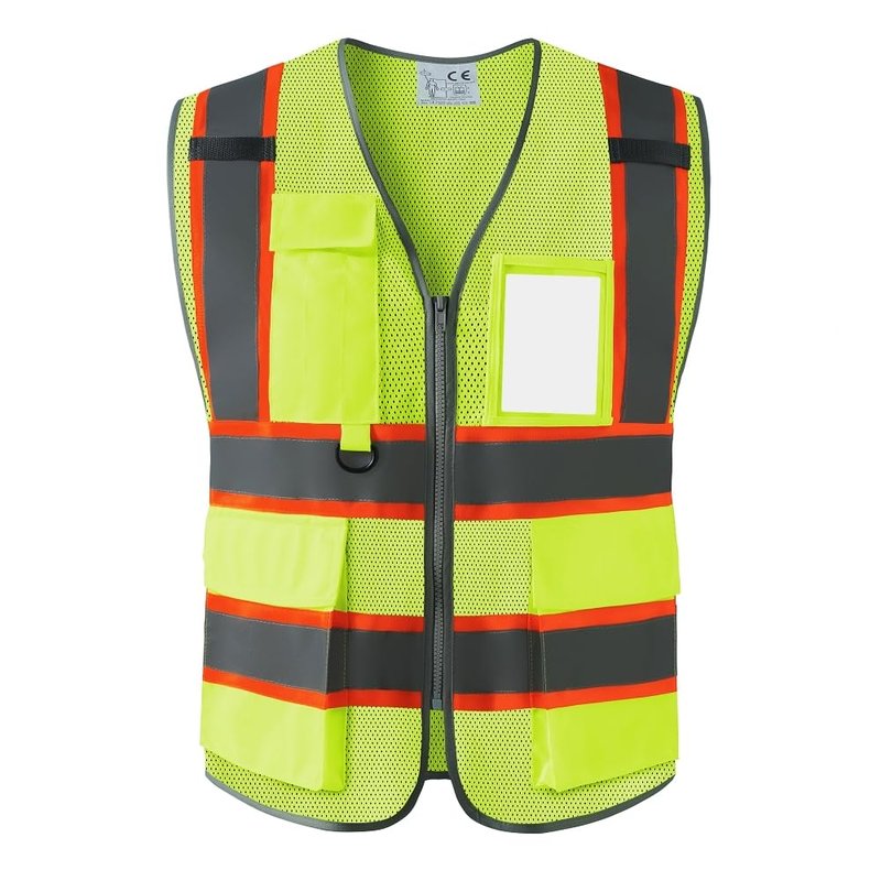 IDOU Yellow Reflective Safety Vest, High Visibility Work Vest for Men Women with 8 Utility Pockets, Zipper & Breathable Mesh/L