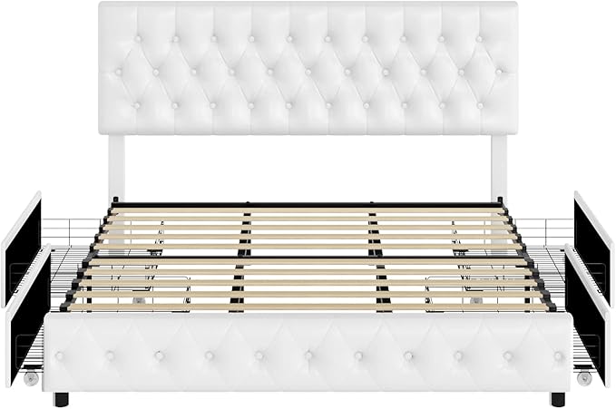 Keyluv Modern Upholstered Bed Frame with 4 Drawers, Button Tufted Headboard Design, Solid Wooden Slat Support, Easy Assembly, Full Size, White