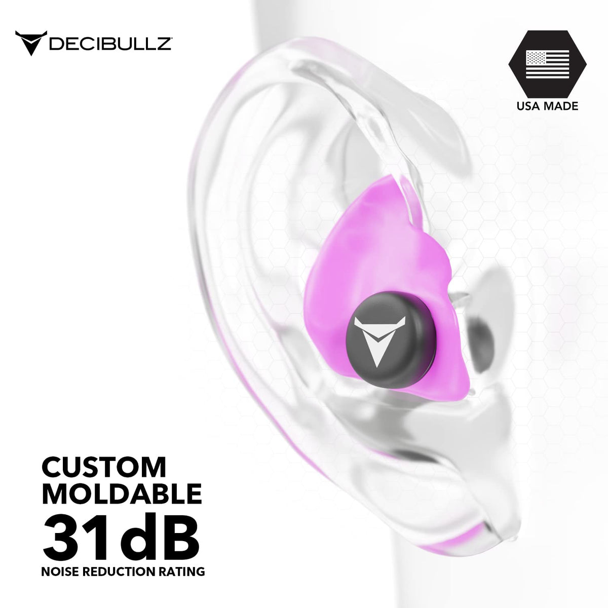 Decibullz - Custom Molded Earplugs, 31dB Highest NRR, Comfortable Hearing Protection for Shooting, Travel, Swimming, Work and Concerts (Pink)