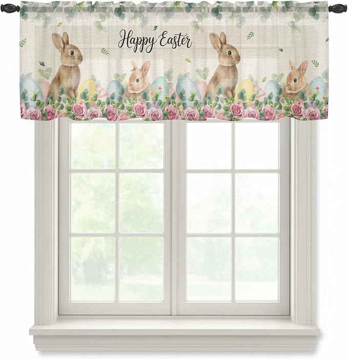 Easter Sheer Valances for Windows 42"x12", Light Filtering Kitchen Curtains