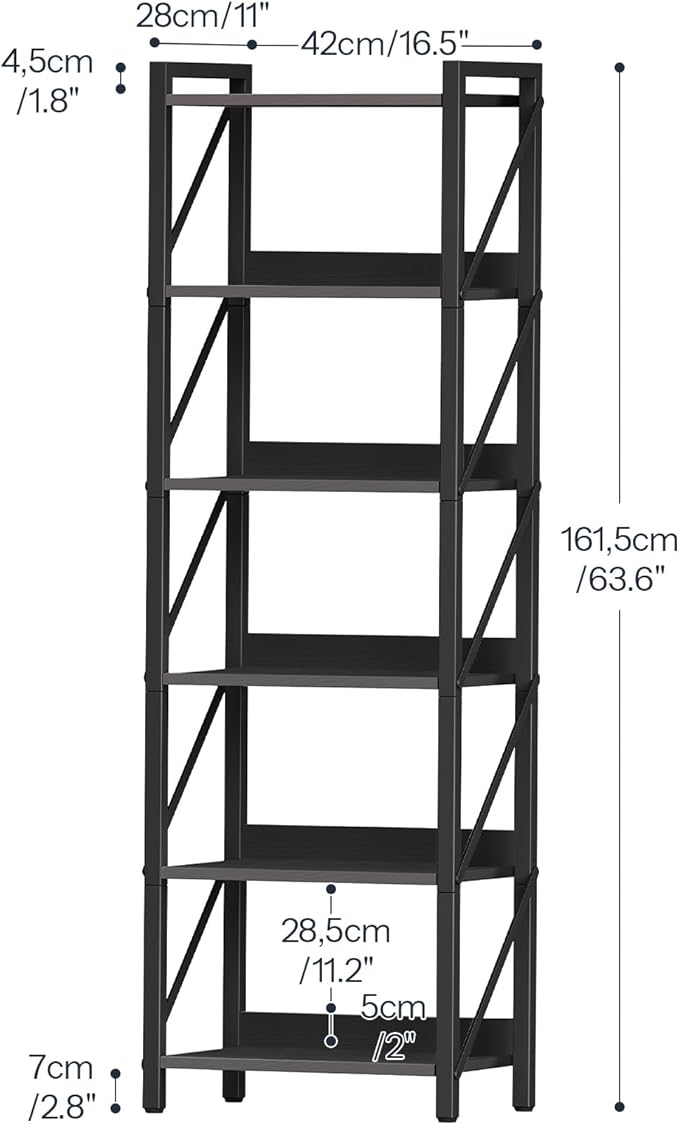 HOOBRO Bookshelf, 6-Tier Industrial Bookcase, Book Shelf Storage Organizer, Tall Bookshelf with Metal Frame for Living Room, Bedroom, Home Office, Kitchen, Black BB72SJ01