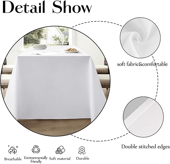Rectangular Tablecloth 90x156 Inch 2 Pack White Table Cloths for 8ft Stain Resistant Decorative Washable Polyester Rectangle Tablecloths for Dining Table Banquets Buffet Parties and Wedding