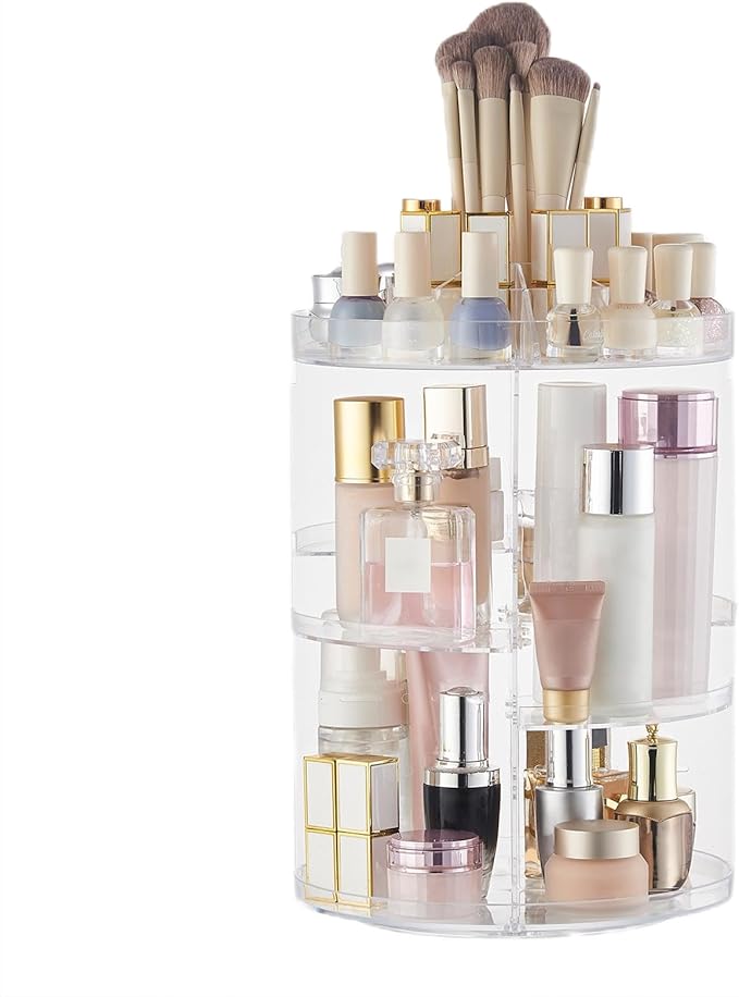 SUNFICON Rotating Makeup Organizer 360 Rotation Cosmetic Storage Holder Crystal Clear Acrylic Makeup Turntable Spin Display Stand Bathroom Bedroom Countertop Vanity Dressing Table Gift Girl Lady Women